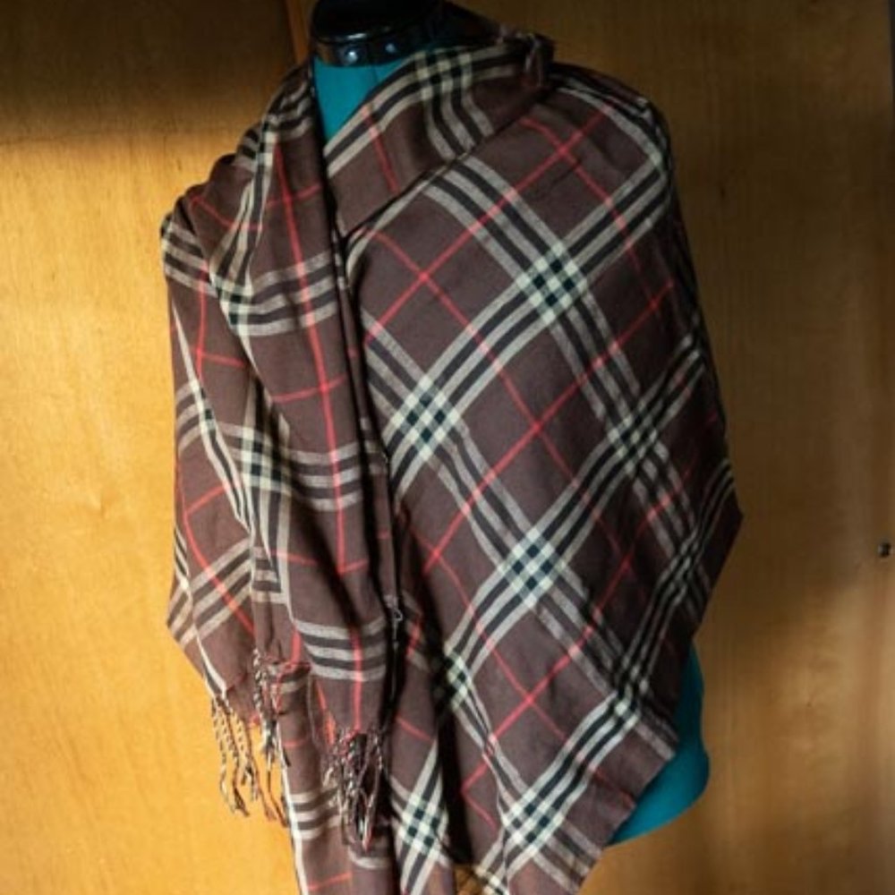 Brown w Tan and Red Plaid Shawl unisex